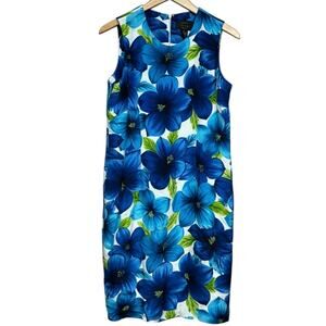 Moda Seta  Sleeveless Blue Floral 100% Silk Sheath Dress Size 10